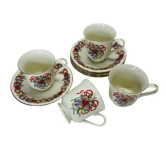 Elegant Vintage Fine China Tea Cup & Saucer Set of 4 Floral Ribbon Gold Trim